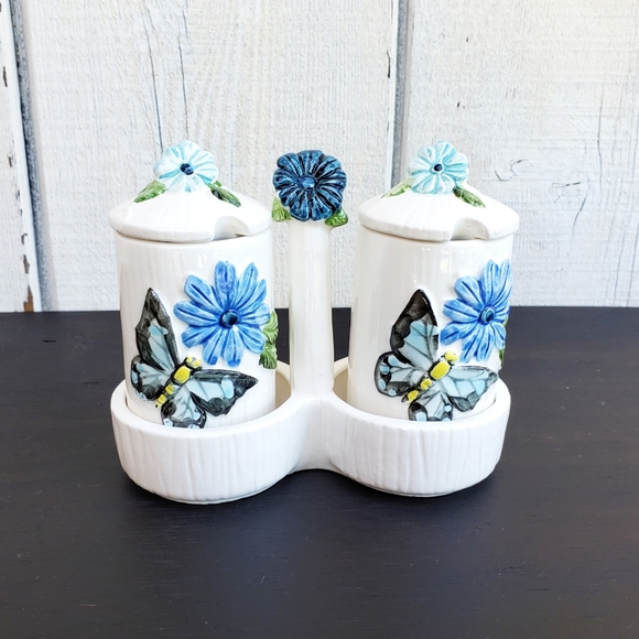 Vintage Butterfly Ceramic Sugar Bowl Jam Jar Set